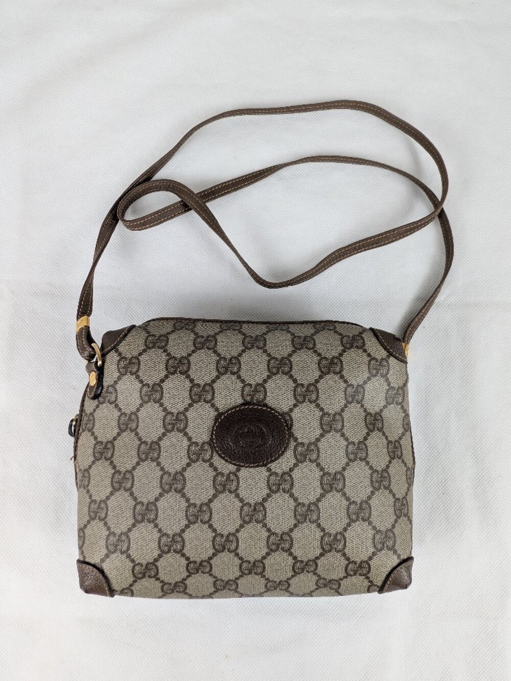 Vintage Gucci GG Supreme Brown Canvas Leather Crossbody Shoulder Bag.